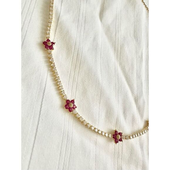 Rosey pink flower sparkly cubic zirconia tennis necklace - Picture 5 of 6